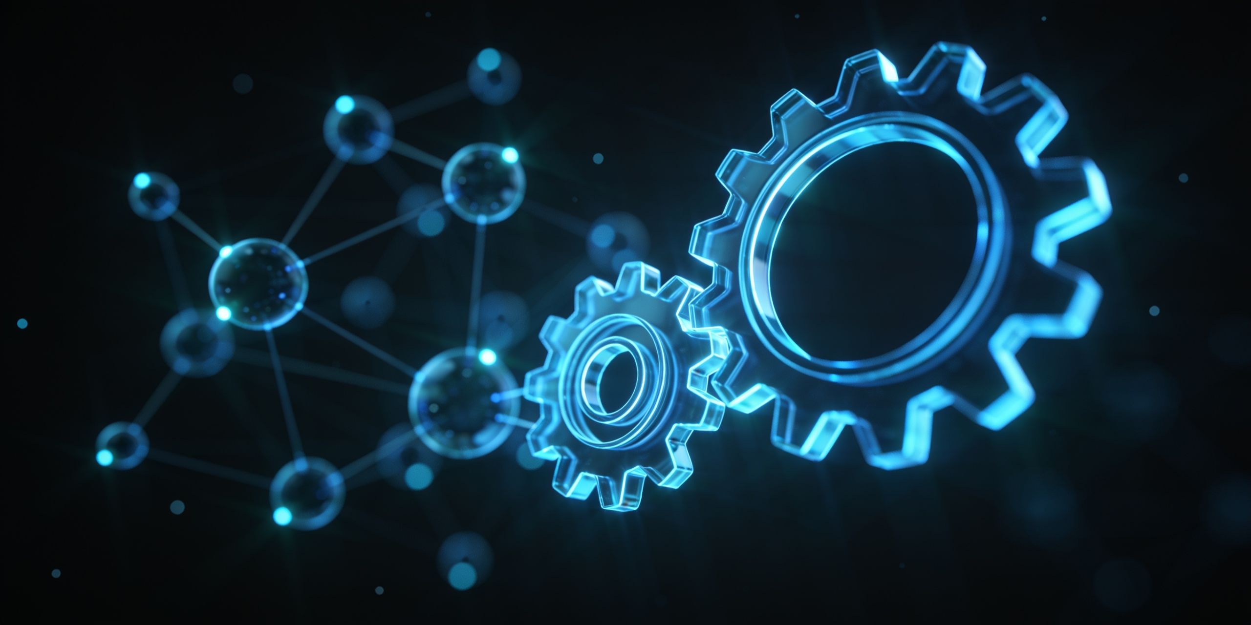 Abstract illustration of an automated workflow with glowing connected nodes and gears