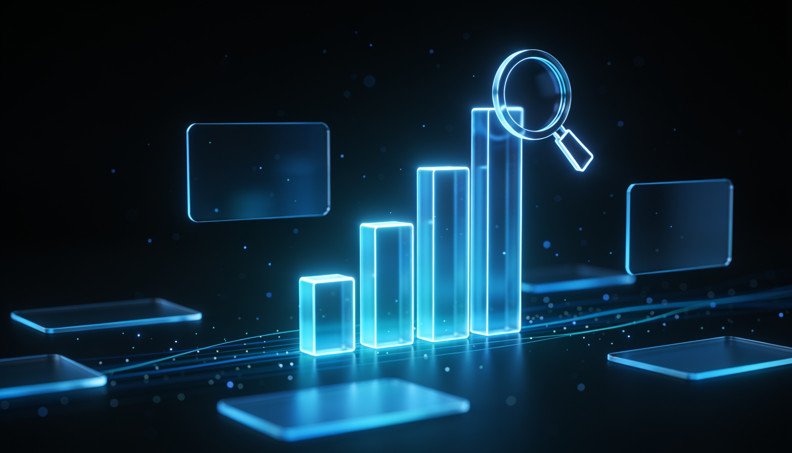 Abstract illustration of digital growth and search visibility with floating glass cards and rising light