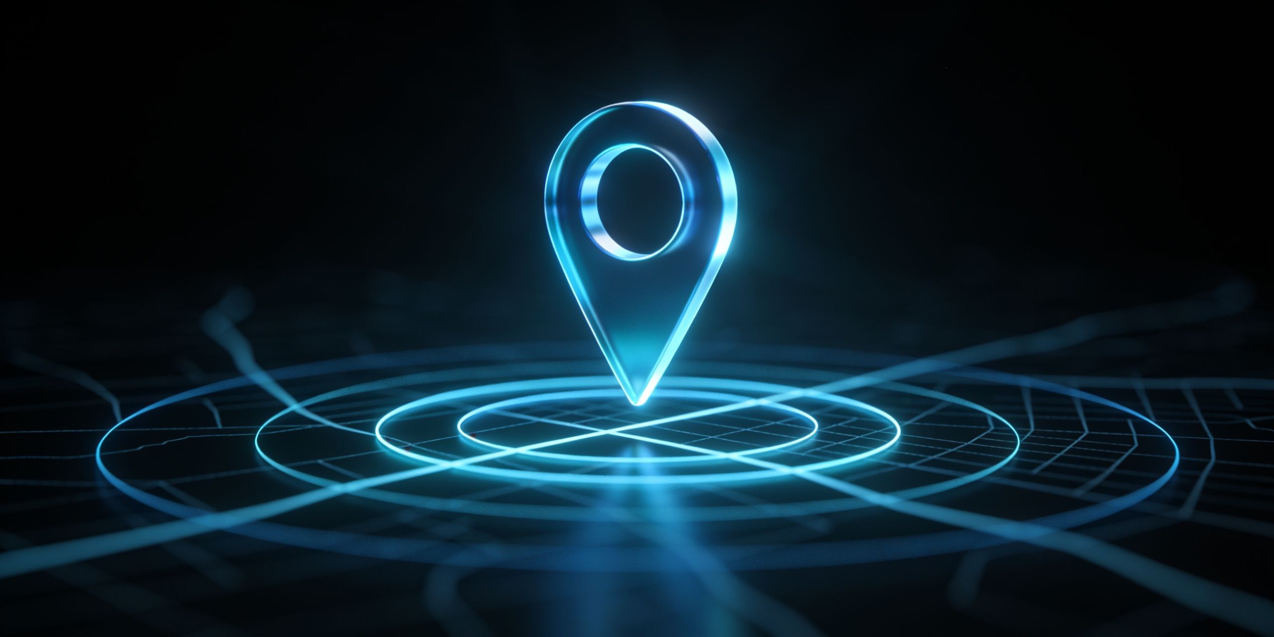 Abstract illustration of a glowing location pin rising above a map grid, representing local search