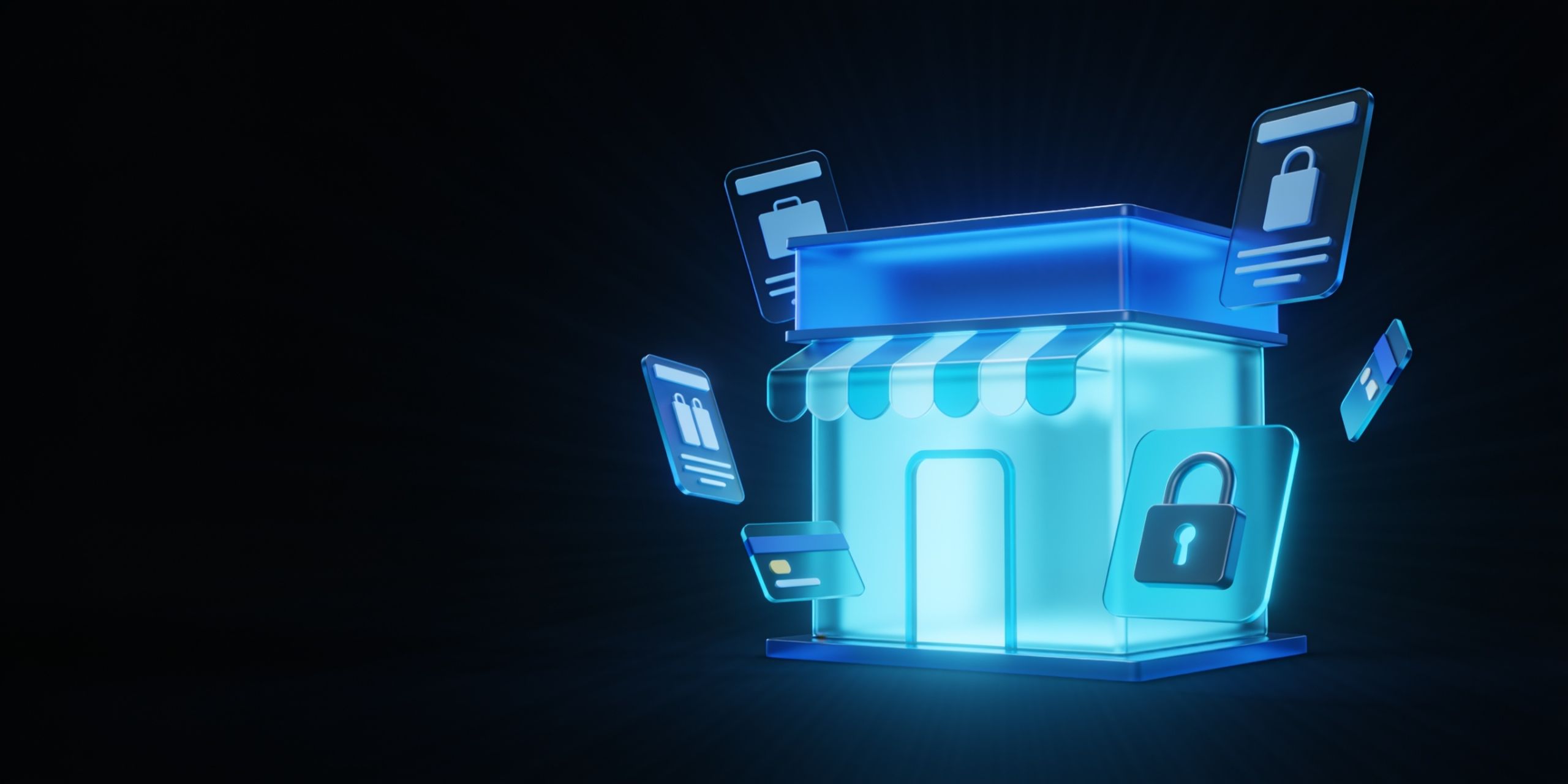 Abstract illustration of a glowing online store with floating product cards and a secure payment motif