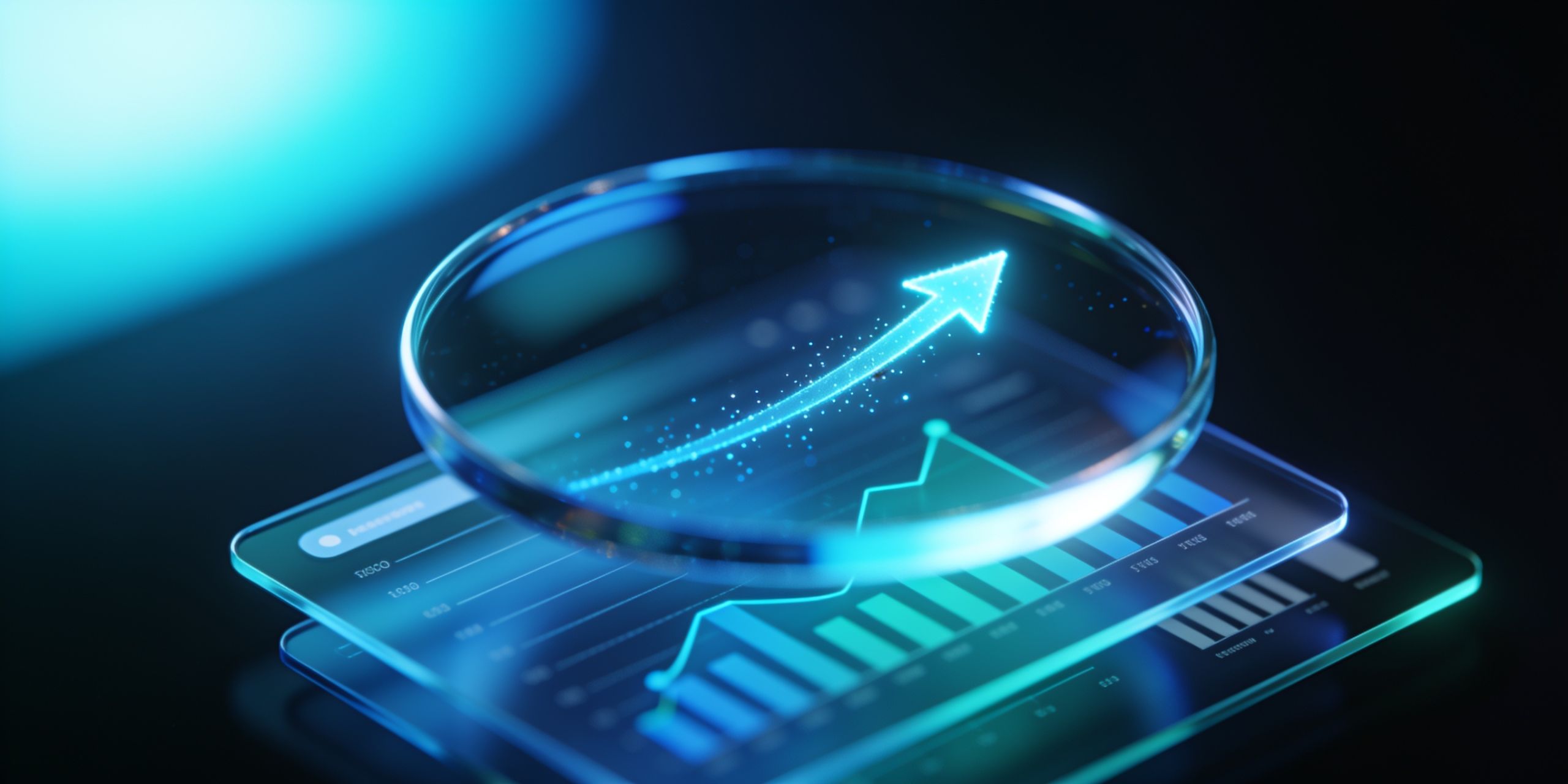 Abstract illustration of SEO analysis with a magnifying glass over dashboards and a growth arrow