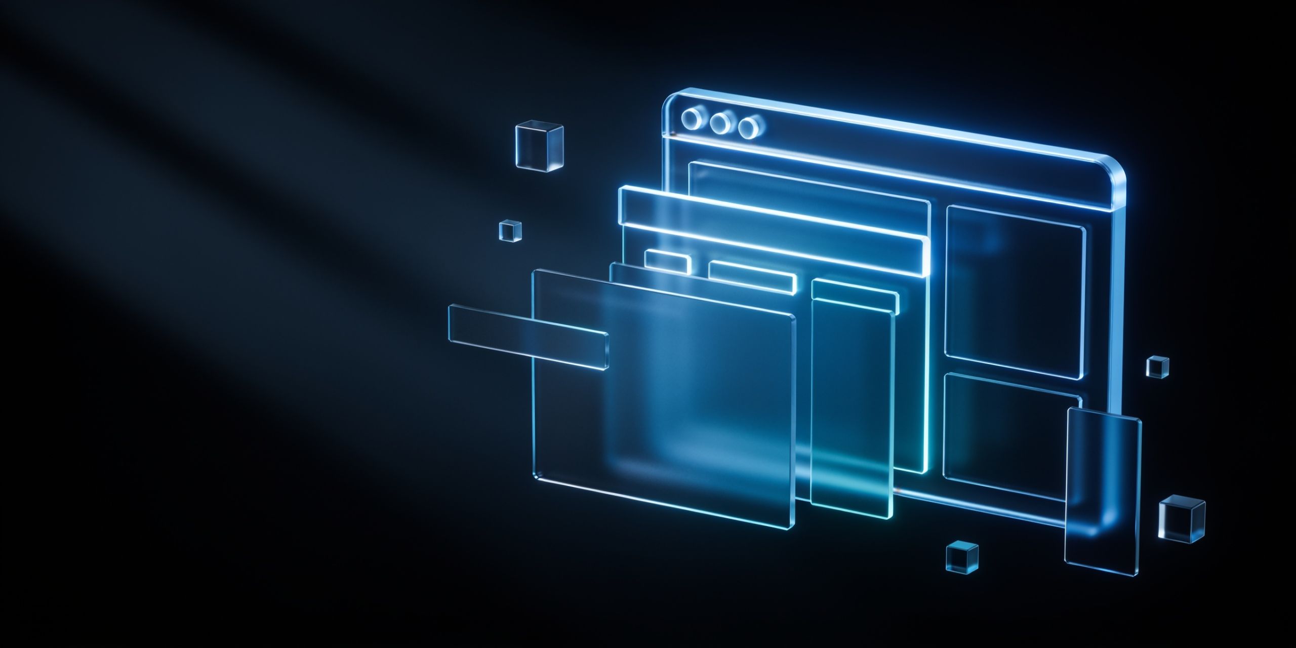Abstract illustration of a website being built from glowing modular panels