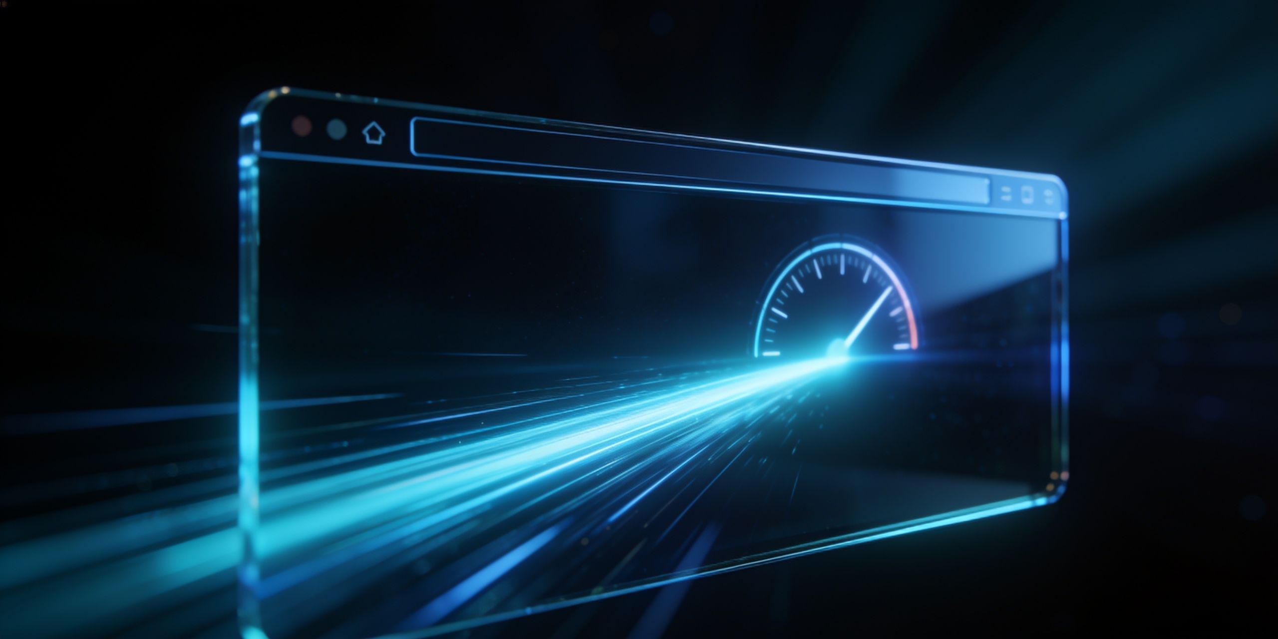Abstract illustration of website speed with fast light trails flowing through an interface