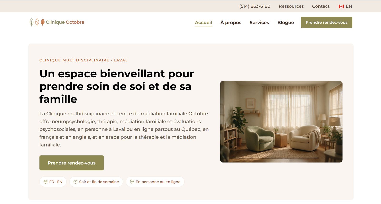 Homepage of the Clinique Octobre website