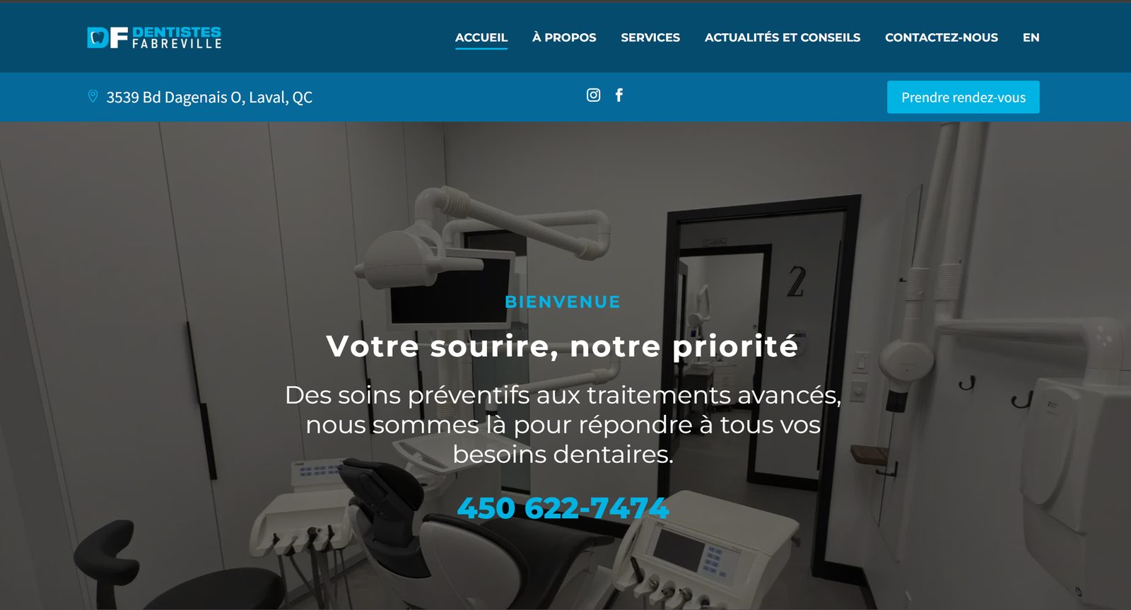 Homepage of the Dentistes Fabreville website