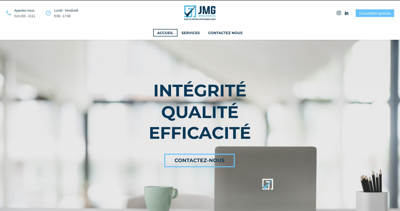Homepage of the JMG Solutions d'affaires website