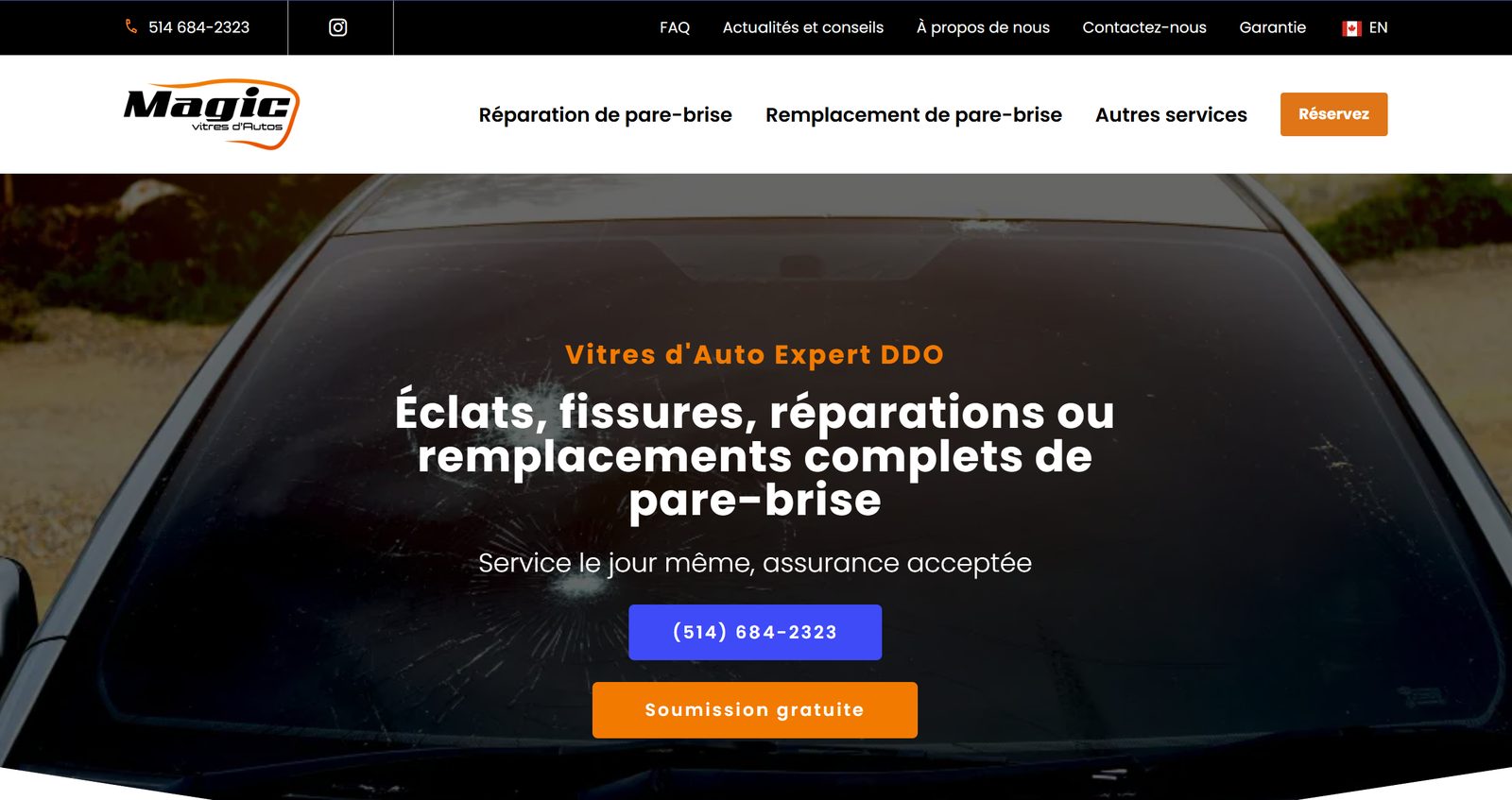 Homepage of the Magic Vitres d'auto website