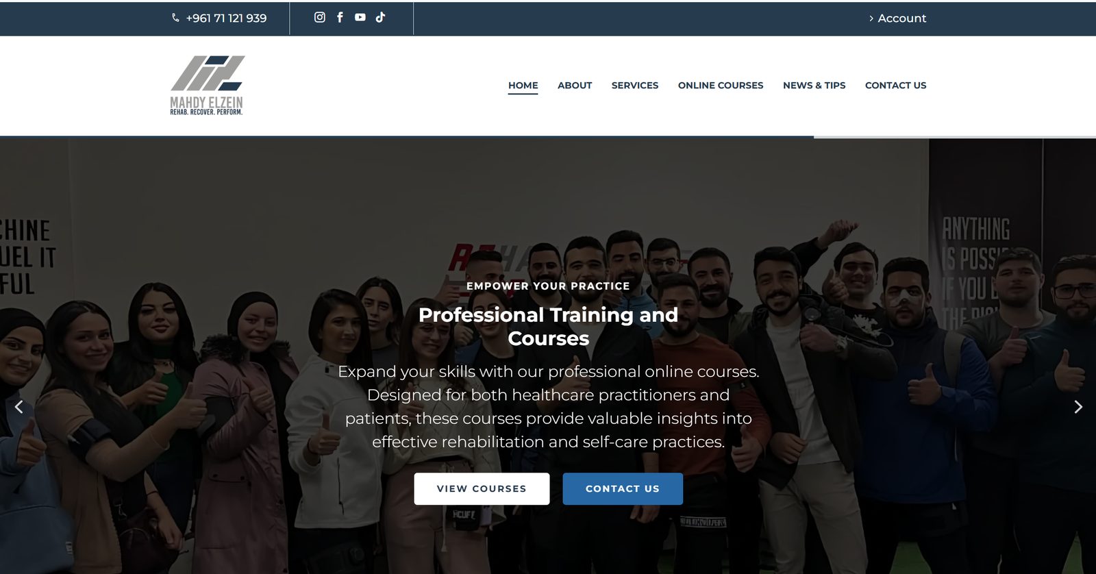 Homepage of the R2P Physio website