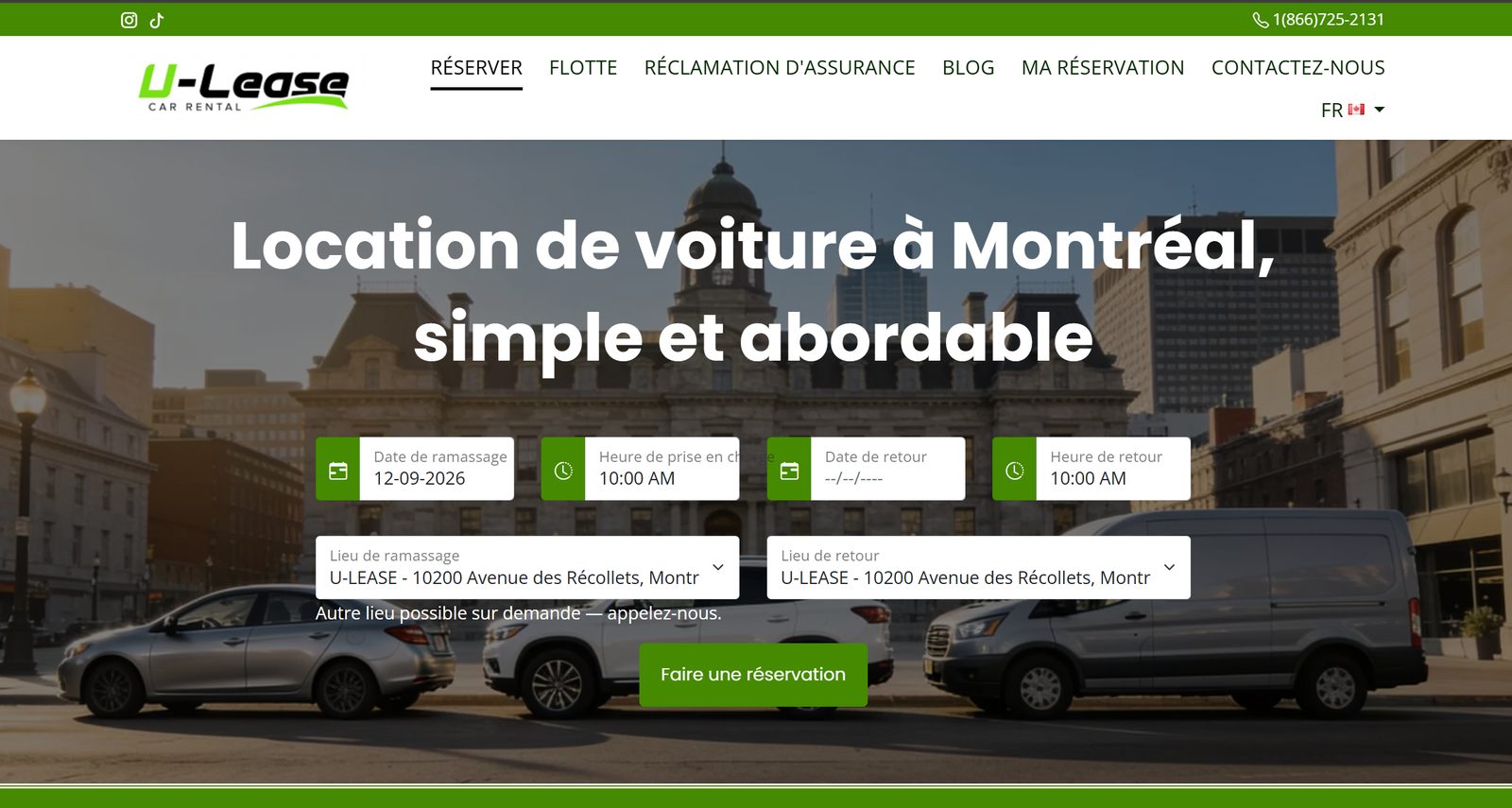 Homepage of the U-Lease Car Rental website